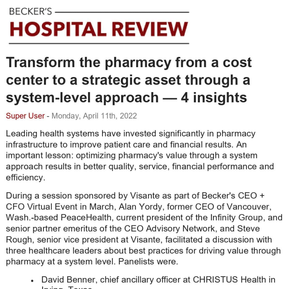 Screenshot of Becker’s-Transform the pharmacy from a cost center to a strategic asset 4.11.22